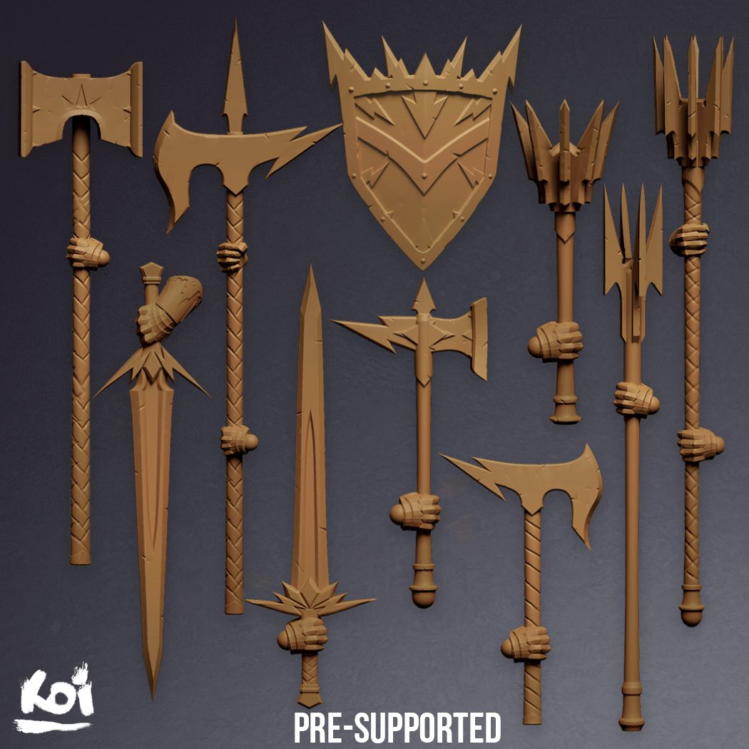 heralds storm - weapons set weapons shield sword axe storm wargame miniature proxy tabletop knight age war hammer removable parts bundle fantasy dark kit conversion  3D print model - Mito3D