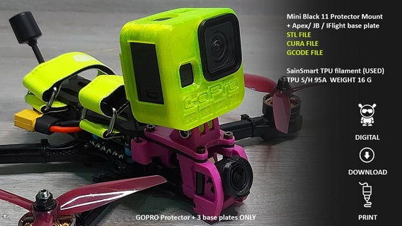 héroe 11 negro mini 3d impreso protector montar digital descargar apéndice gopro cámara dji dc rc apexrc flytec3d impulso drones caso funda 3d print model - Mito3D