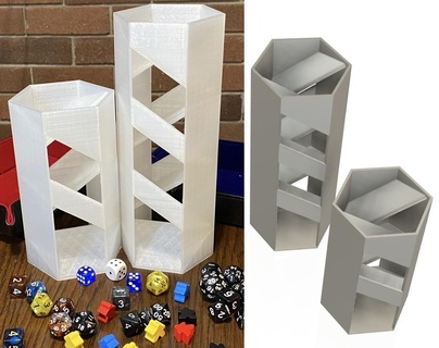 hexagon dice tower - double spiral helix roll windows catan clockwise counterclockwise roller dnd hex hexagonal opening rpg tall game playset 3d print model - Mito3D
