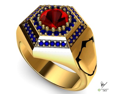 hexagonal ring gems shield stl obj engraving gold jewelry rhinestones heraldry men silver platinum men's diamond 3d print model - Mito3D