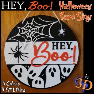hey boo ghost spider web halloween decor hanging holiday sign ghosts spiders spiderweb fall cute funny multi-color multiple parts stl 3d printer spooky 3d print model - Mito3D