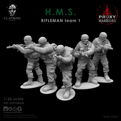 hms rifleman team 1 56 scale game clayman soldier proxy war 32mm 28mm israel gaza idf hamas warrior ak74 rpk rifle 3d print model - Mito3D
