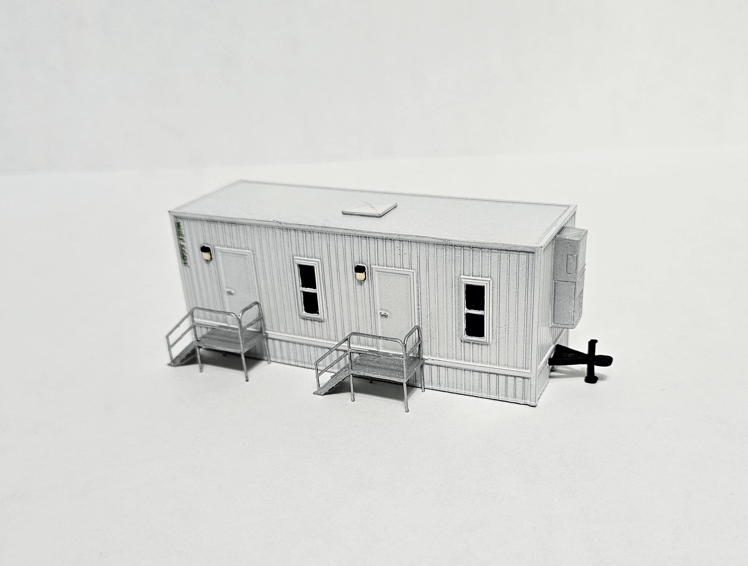 ho scale construction office jobsite trailer 10'x32' site portable building railroad yard model diorama scenery architectural siding metal steps 3D print model - Mito3D