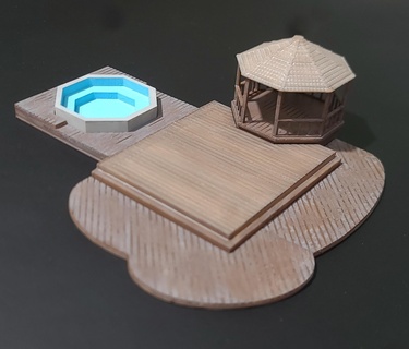 ho scale gazebo modular deck Architecture 1:87 model railroad resin printable house home backyard outdoor hot tub multi-level wood tile roof water pool swimming 3d print model - Mito3D