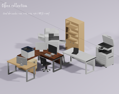 ho scale office collection 1 64 72 76 87 100 city modern furniture computer chair table laptop bookshelf printer lcd screen 3d print model - Mito3D