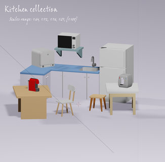ho scale office kitchen collection 1 64 72 76 87 100 city modern furniture chair table refrigider coffee dishwasher microwave cooler 3d print model - Mito3D