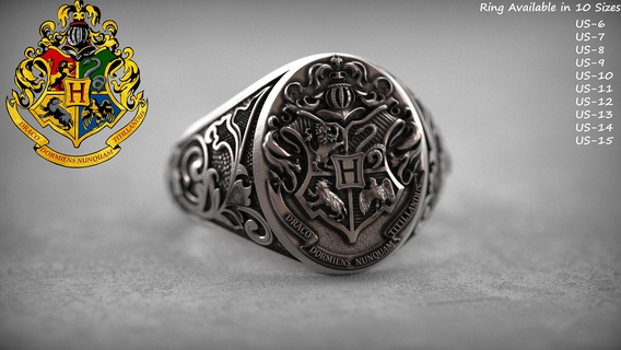 hogwarts crest harry potter gents ring knight shield hermione rony weasley snape voldemort magic sorcery wizard gryffindor ravenclaw hufflepuff slytherin dumbledore oxidised 3d print model - Mito3D