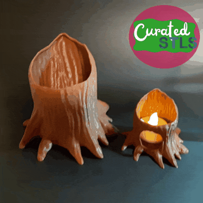 hollow stump container - pen holder tealight print-in-place support free easy root tree bark decor pencil marker planter pot fdm 3d print model - Mito3D