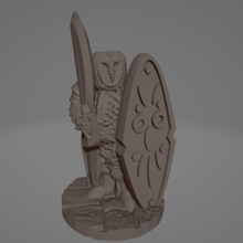 hootkin swordsman game 28mm oldhammer dnd anthro furry feathers bird owl barn screech hero warrior 3d print model - Mito3D