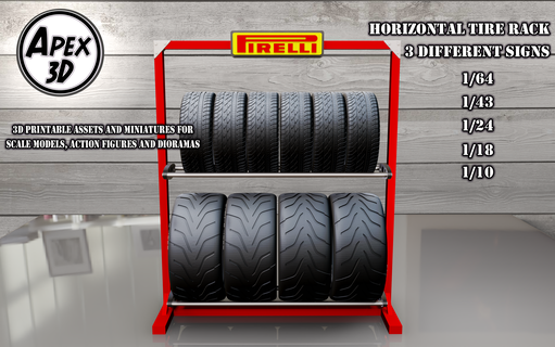horizontal tire rack 3d printable various scales 3dprinting diorama maquette scale autos plastikits plastimodel sprue collection collectible cars garage shop mechanic workshop wheel 3d print model - Mito3D