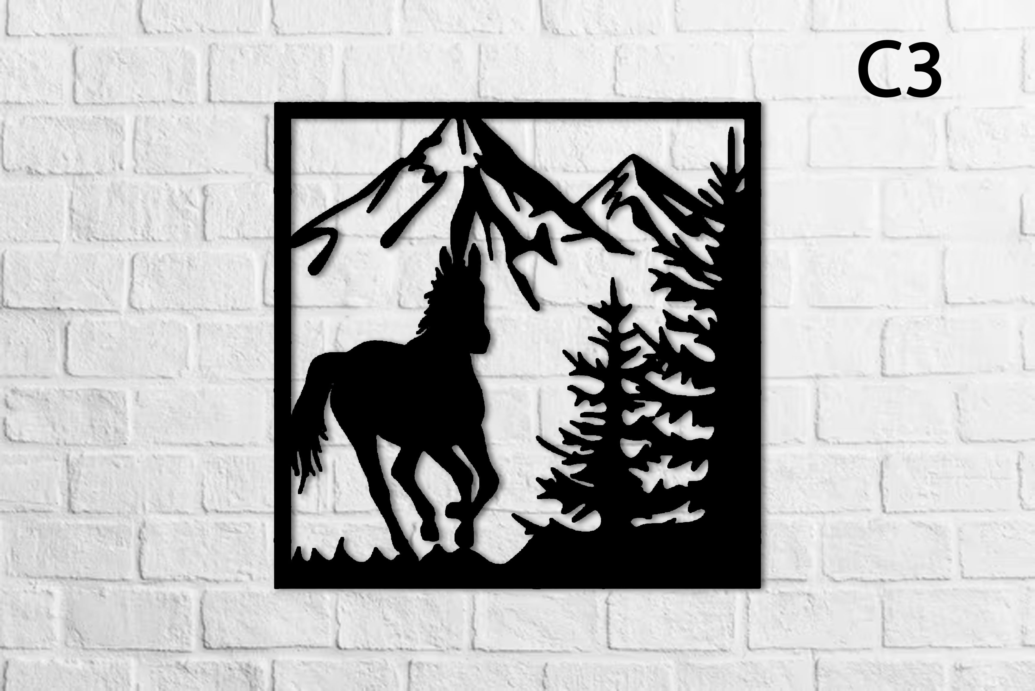 horse c3 running pine trees - wall art table deco 3D print model - Mito3D