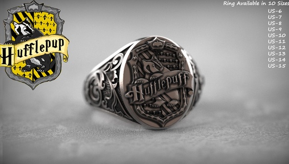 hufflepup crest harry potter gents ring knight shield hermione rony weasley snape voldemort hogwarts magic sorcery wizard gryffindor ravenclaw hufflepuff slytherin dumbledore oxidised 3d print model - Mito3D