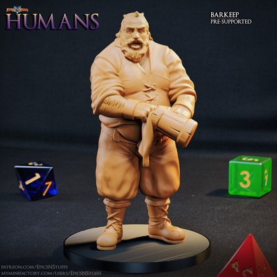human barkeep miniature - pre-supported game dragons dungeons mini player rpg character 3dprinting enemy boardgame tabletop dnd pathfinder npc ttrpg 5e supported epicsnstuffs 3d print model - Mito3D