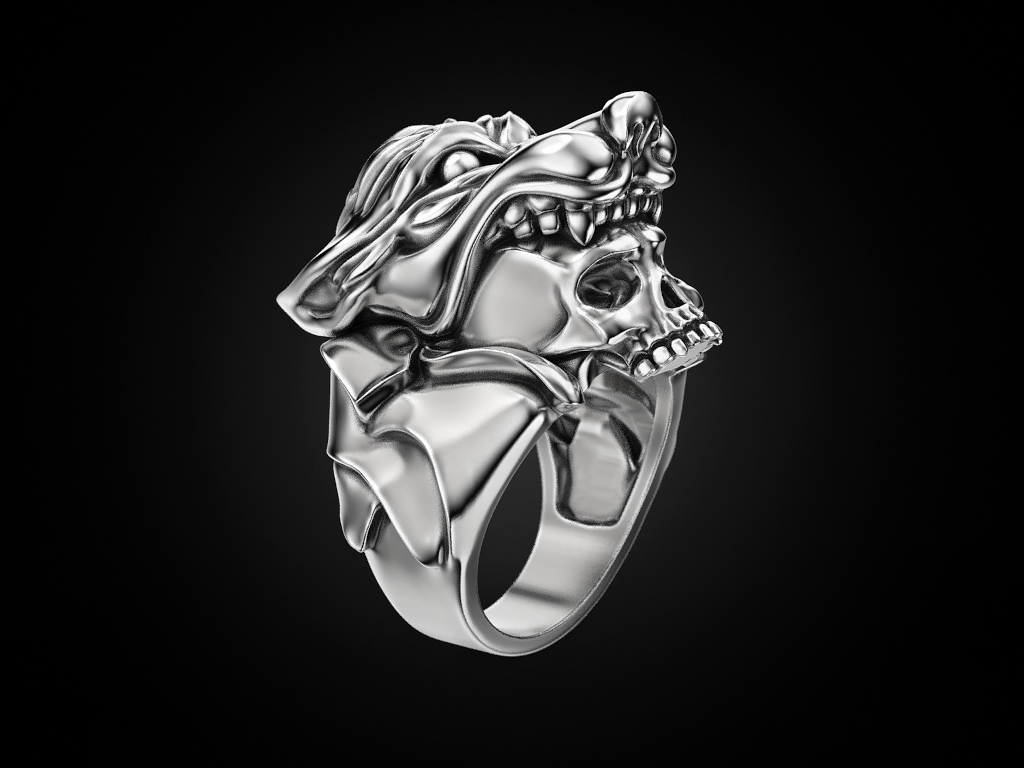 humano cráneo anillo lobo cabeza joyería joya impresión 3dprinted imprimible anillos diseño prototipos plata motociclista ennegrecimiento textura 3D print model - Mito3D