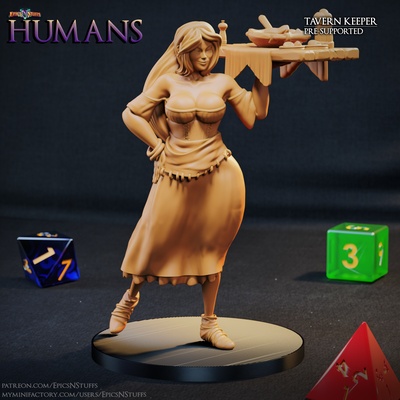 human tavern keeper miniature - pre-supported game dragons dungeons female mini rpg character 3dprinting enemy boardgame tabletop dnd pathfinder barkeep npc ttrpg 5e supported epicsnstuffs 3d print model - Mito3D