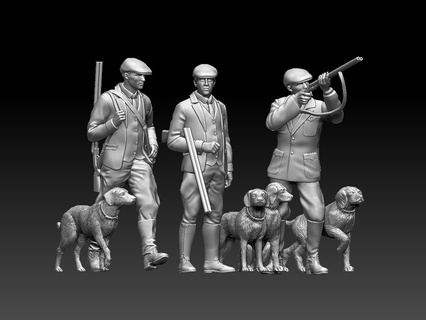 caçadores cachorros rifle cão caçador Caçando miniatura impressão estátua espingarda arma fogo escultura 3d print model - Mito3D