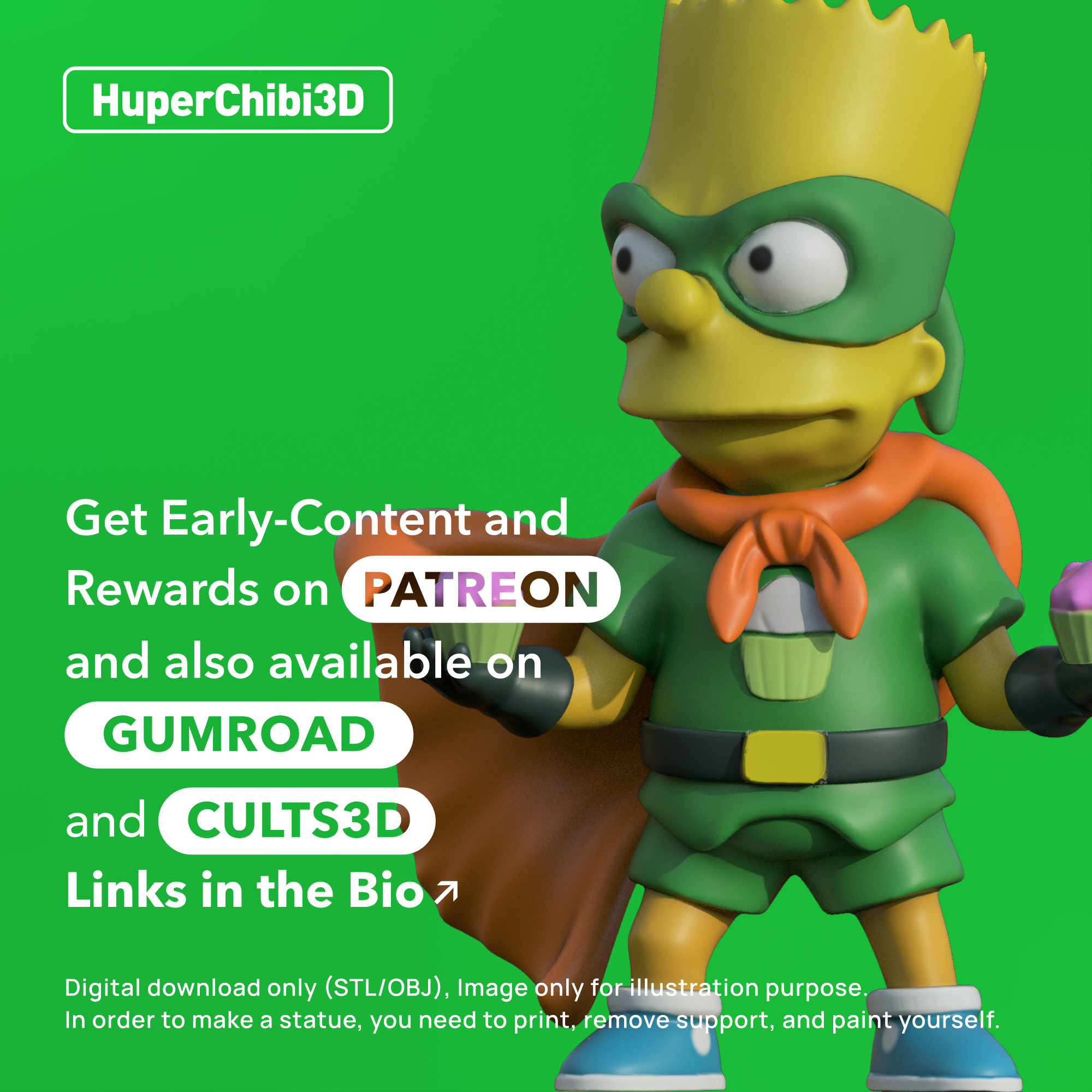 huperchibi - bart cupcake kid simpsons super hero cartoon parody chibi huper3d 3D print model - Mito3D