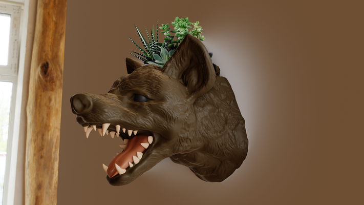 hyäne kopf mauer montieren pflanzer topf blume vase stl 3d drucken datei zuhause haus hund wolf dschungel safari miniatur tischplatte tiere skulptur dekor 3d print model - Mito3D