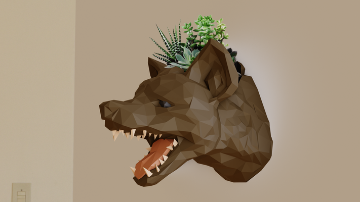 hyena head wall mount poly planter pot flower vase stl 3d print file home dog wolf jungle safari miniature tabletop animals sculpture decor 3d print model - Mito3D