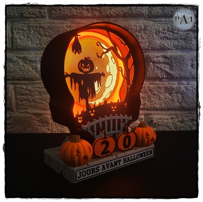 illuminato halloween conto rovescia calendario inglese francese versione lampada luce cranio zucca tealight candela spaventoso carina ragazzi trucco or trattare mostro caramelle caramella orrore decorazione 3d print model - Mito3D