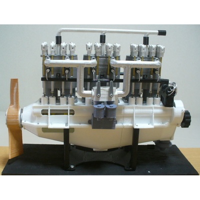 in-line water cooled engine 6 cylinder cutaway 1910s reciprocating straight crankshaft piston pushrod propeller valve magneto 3d print model - Mito3D