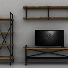 industrial tv unit architecture house cabinet shelf wood metal wheels library accessories living salon 3d print model - Mito3D