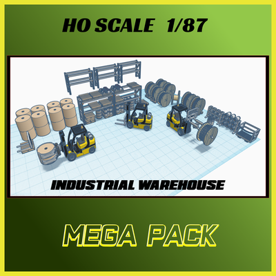 industrial warehouse mega pack ho scale 1 87 model railroad forklift lift truck attachments pallet propane shelving paper roll coil lifter factory business scenery diorama vehicle 3d print model - Mito3D