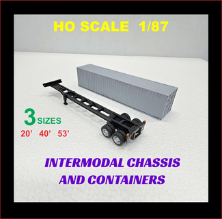 intermodal chassis containers ho scale 1 87 trucking trailers semi shipping container model railroad layout scenery vehicles box shipyard trucks cars trailer frame diorama 3d print model - Mito3D