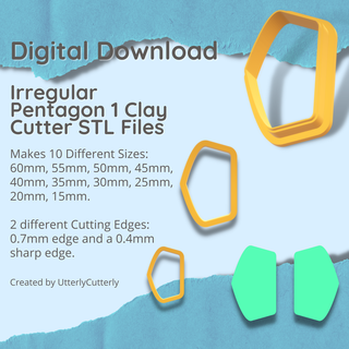 irregular pentagon 1 clay cutter - jewelry earring stl digital file download- 10 sizes 2 versions polymer geometric embossed hexagon utterlycutterly utterly cutterly cookie fondant organic shape indie fashion 3d print model - Mito3D