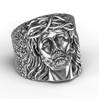 Jesus cara anel cabeça medalhão alívio pingente retrato Cristo Deus religioso jóias escultura Cruz católico arte esculturas coroa espinhos Igreja santo 3d print model - Mito3D
