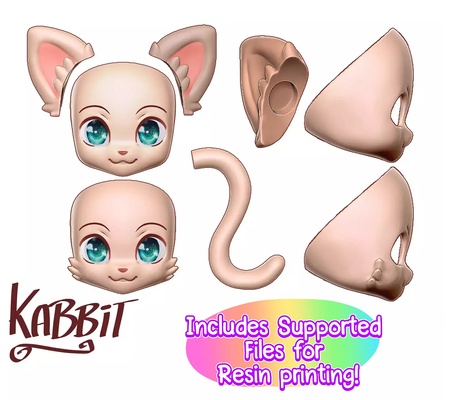 kabbit addon kitty head + magnetic ears tailfor - fdm sla printing ball jointed doll bjd cat neko 3d print model - Mito3D