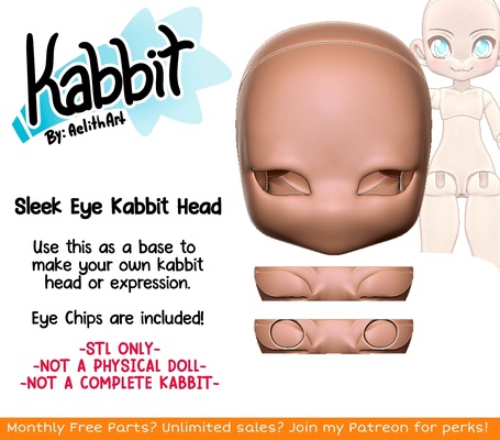 kabbit bjd sleek eye head base jointed ears chips - fdm sla printers ball doll aelithart 3d print model - Mito3D