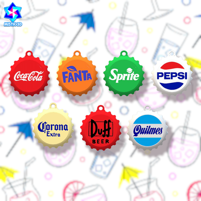keychain key rings soda beer caps x7 pcs soft drinks beers coke tail pepsi crown quilmes duff fanta sprite 3d print model - Mito3D