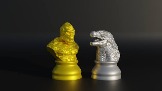 king kong versus godzilla figure chess set - 8 different pieces 3d print model scifi game board knight queen games creature character dinosaur stl fantasy beast 3d print model - Mito3D
