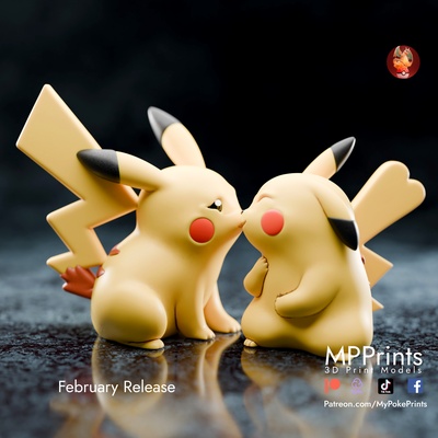 kissing pikachu - presupported multimaterial art piplup love valentine chimchar bulbasaur squirtle eevee umbreon mewtwo mew starter snapprint irnkman mypokeprint dragon gengar charmander charizard 3d print model - Mito3D