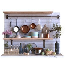kitchen decor set 002 architecture dried flowers shelves bank cereals plate dish poster picture teapot watering cup matches bung napkin bowl pan ladle vase quinoa rice hydrangea gypsophila board spice wineglass glass water decorative 3d print model - Mito3D