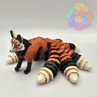 kitsune - flexi articulated fox nine tails print place supports flexible moving jointed animal posable inari furry cute cool creature toy 3d print model - Mito3D