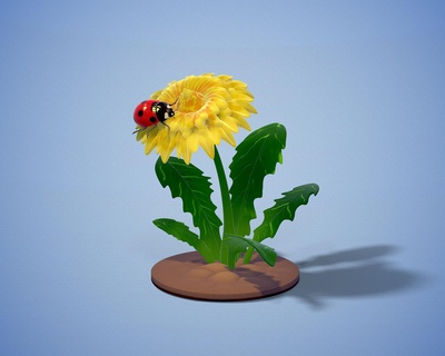 ladybug flower dandelion taraxacum blowball bug ladybird lady-beetle lady-cow pollen insect statuette figurine nature flora summer beetle leaf botanic 3d print model - Mito3D