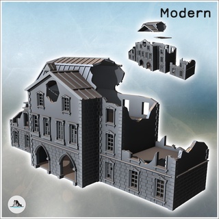 large building zinc roof hewn stone base flat-roofed side annexes ruined version 34 - modern ww2 ww1 world war diaroma wargaming rpg mini hobby Game architecture tabletop miniatures scenery wargame game terrain accessories normandy west two contempory flames yankee walking crisis bolt 3d print model - Mito3D