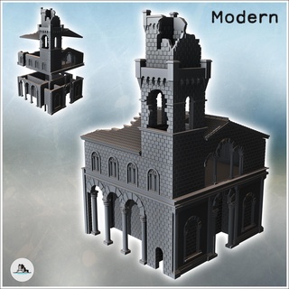 large classical tile-roofed building stone walls clock tower ruined version 17 - modern ww2 ww1 world war diaroma wargaming rpg mini hobby Game architecture tabletop miniatures scenery wargame game terrain accessories normandy west two contempory flames yankee walking crisis bolt 3d print model - Mito3D