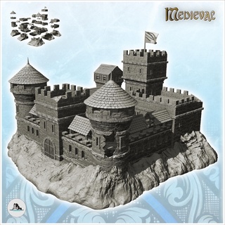 large damaged castle double towers flag 18 - medieval gothic feudal archaic saga 28mm 15mm Architecture building architecture tabletop miniatures scenery wargame game terrain house accessories middle age dark rose war traditionnal fantasy european village 3d print model - Mito3D