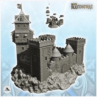 large damaged castle triple crenellated towers wooden flag 19 - medieval gothic feudal archaic saga 28mm 15mm Architecture building architecture tabletop miniatures scenery wargame game terrain house accessories middle age dark rose war traditionnal fantasy european village 3d print model - Mito3D