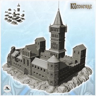 large damaged stone castle corner towers high soaring 17 - medieval gothic feudal archaic saga 28mm 15mm Architecture building architecture tabletop miniatures scenery wargame game terrain house accessories middle age dark rose war traditionnal fantasy european village 3d print model - Mito3D