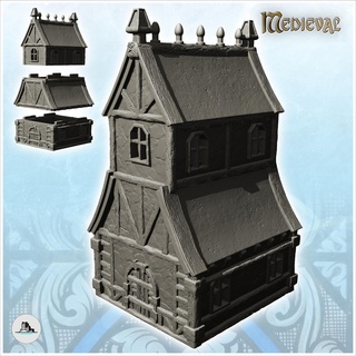 large half-timbered building high roof top spikes 28 - medieval feudal old archaic saga 28mm 15mm architecture tabletop miniatures scenery wargame game terrain house accessories middle age dark rose war traditionnal fantasy european village 3d print model - Mito3D