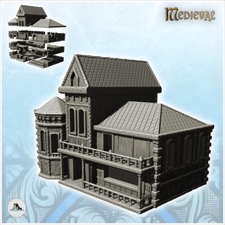 large half-timbered building tiled roof rounded annex 20 - medieval feudal old archaic saga 28mm 15mm architecture tabletop miniatures scenery wargame game terrain house accessories middle age dark rose war traditionnal fantasy european village 3d print model - Mito3D