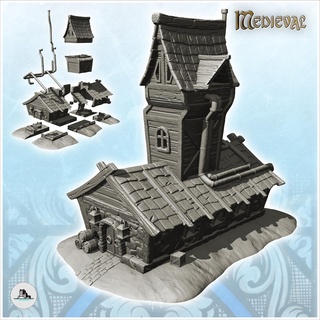large medieval building high tower exterior pipes accessories 9 - gothic feudal old archaic saga 28mm 15mm architecture tabletop miniatures scenery wargame game terrain house middle age dark rose war traditionnal fantasy european village 3d print model - Mito3D