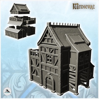 large medieval half-timbered building wooden terrace annex 29 - feudal archaic saga 28mm 15mm architecture tabletop miniatures scenery wargame game terrain house accessories middle age dark rose war traditionnal fantasy european village 3d print model - Mito3D