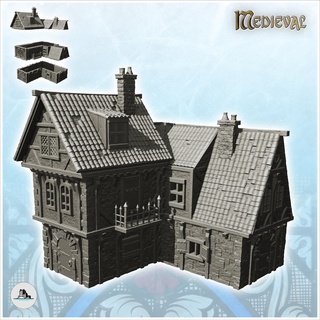 large medieval house spiked balcony multiple floors 2 - gothic feudal archaic saga 28mm 15mm Architecture building architecture tabletop miniatures scenery wargame game terrain accessories middle age dark rose war traditionnal fantasy european village 3d print model - Mito3D