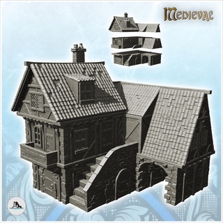 large medieval house stairs archway 1 - gothic feudal archaic saga 28mm 15mm Architecture building architecture tabletop miniatures scenery wargame game terrain accessories middle age dark rose war traditionnal fantasy european village 3d print model - Mito3D