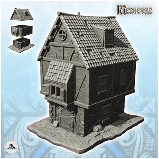 large medieval house tiled roof overhanging floor window 5 - gothic feudal archaic saga 28mm 15mm Architecture building architecture tabletop miniatures scenery wargame game terrain accessories middle age dark city war traditionnal fantasy european village 3d print model - Mito3D